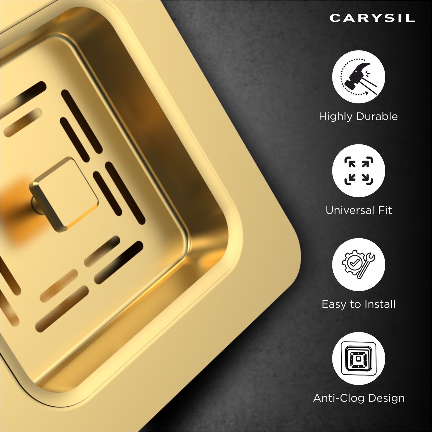 Carysil 304 Grade Stainless Steel Square Waste Coupling with Removable Waste Strainer Assembly, Corrosion-Resistant, Efficient Drainage System - Yellow Gold PVD Finish