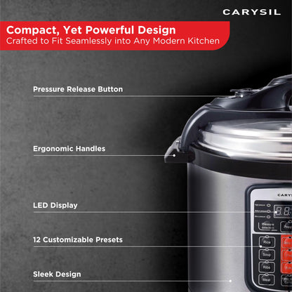 Carysil 11-in-1 Automatic Electric Pressure Cooker 6 L, 1 Year Warranty with 13 Indian Preset Menu, Instant Electric Cooker Pot, Multipurpose Rice Cooker (Stainless Steel)