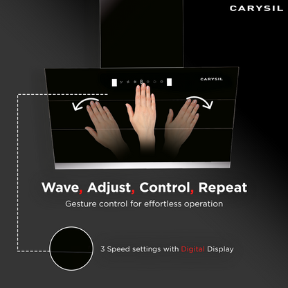 Carysil Ciaz 75 Kitchen Chimney, 1350 m³/hr Suction Capacity, Filterless, 3-speed Motion Sensor Technology, Heat Auto Clean, Inox Body & Tempered Finish, LED Lamp, 7-year Motor Warranty (Copy)