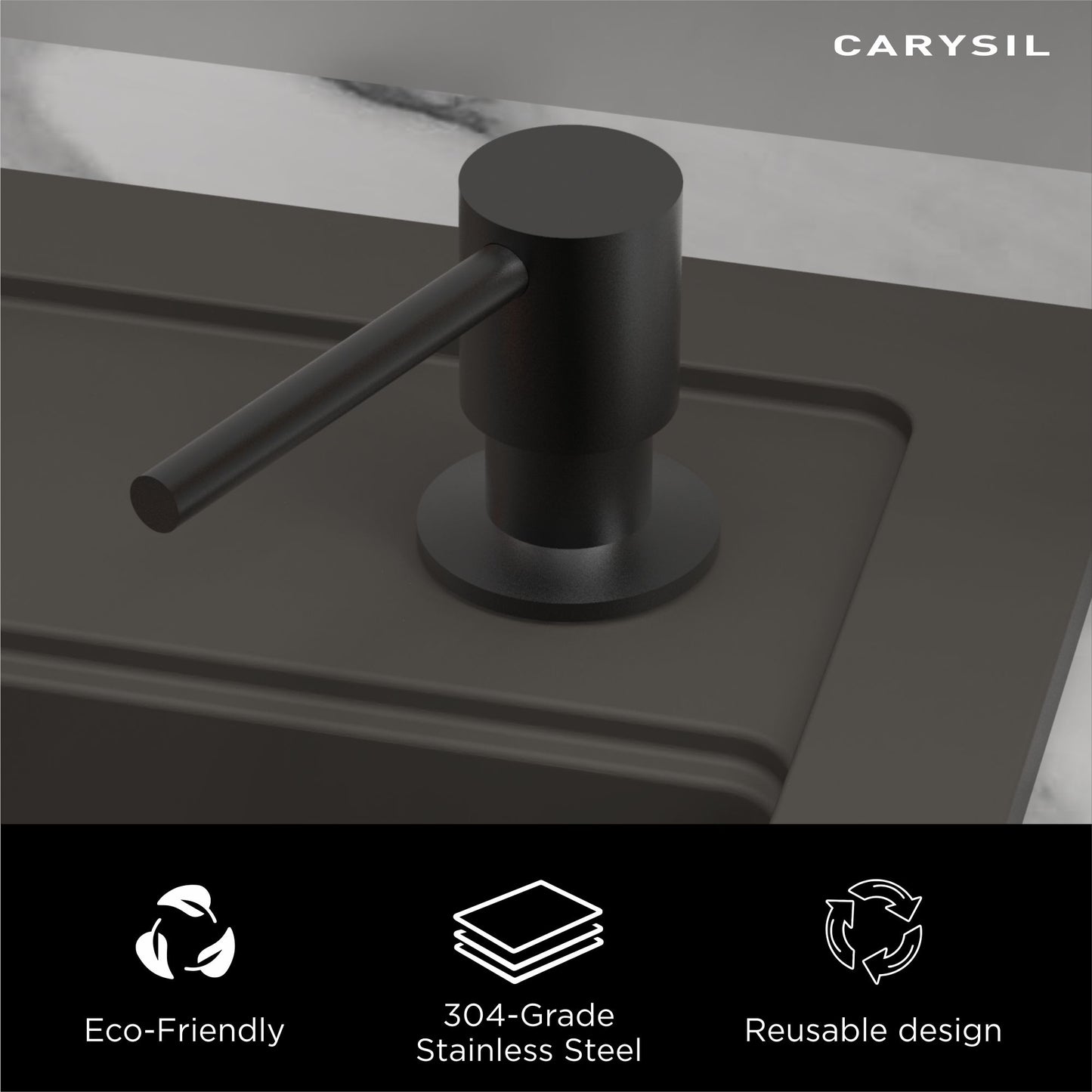 Carysil Kitchen Sink Soap Dispenser, 300ml Top Refill Built-in Countertop Stainless Steel Pump with 360° Rotating Head for Liquid Soap, Matt Black