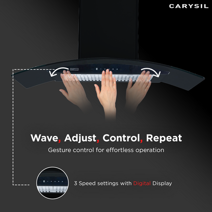 Carysil Rome 75 cm Kitchen Chimney, Curved Shape, 1250 m³/hr Suction Capacity, Baffle Filter, BLDC Silent Motor, A-Energy Class, 9-Speed Touch Control, LED Lamp, 12-year Motor Warranty