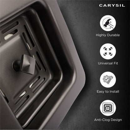 Carysil Square Waste Coupling for Kitchen Sink, Premium 304-grade Stainless Steel Coupling, Removable Waste Strainer for Kitchen Sink, Rust-free, Corrosion-Resistant, Matt Black PVD Finish