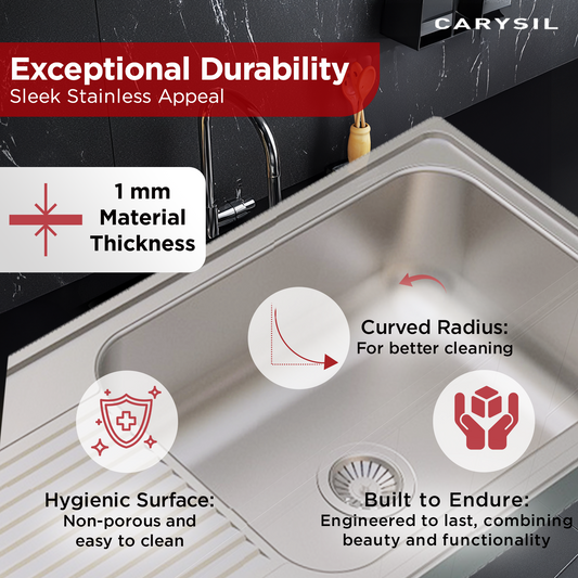 Carysil Vogue Pro Stainless Steel Kitchen Sink, 40x20x9 inches, Single Bowl with Drainboard 304-SS Sink, Noise Reduction, Heat, Scratch & Stain Resistant, Sloping Drains, 304 SS Coupling, Matt