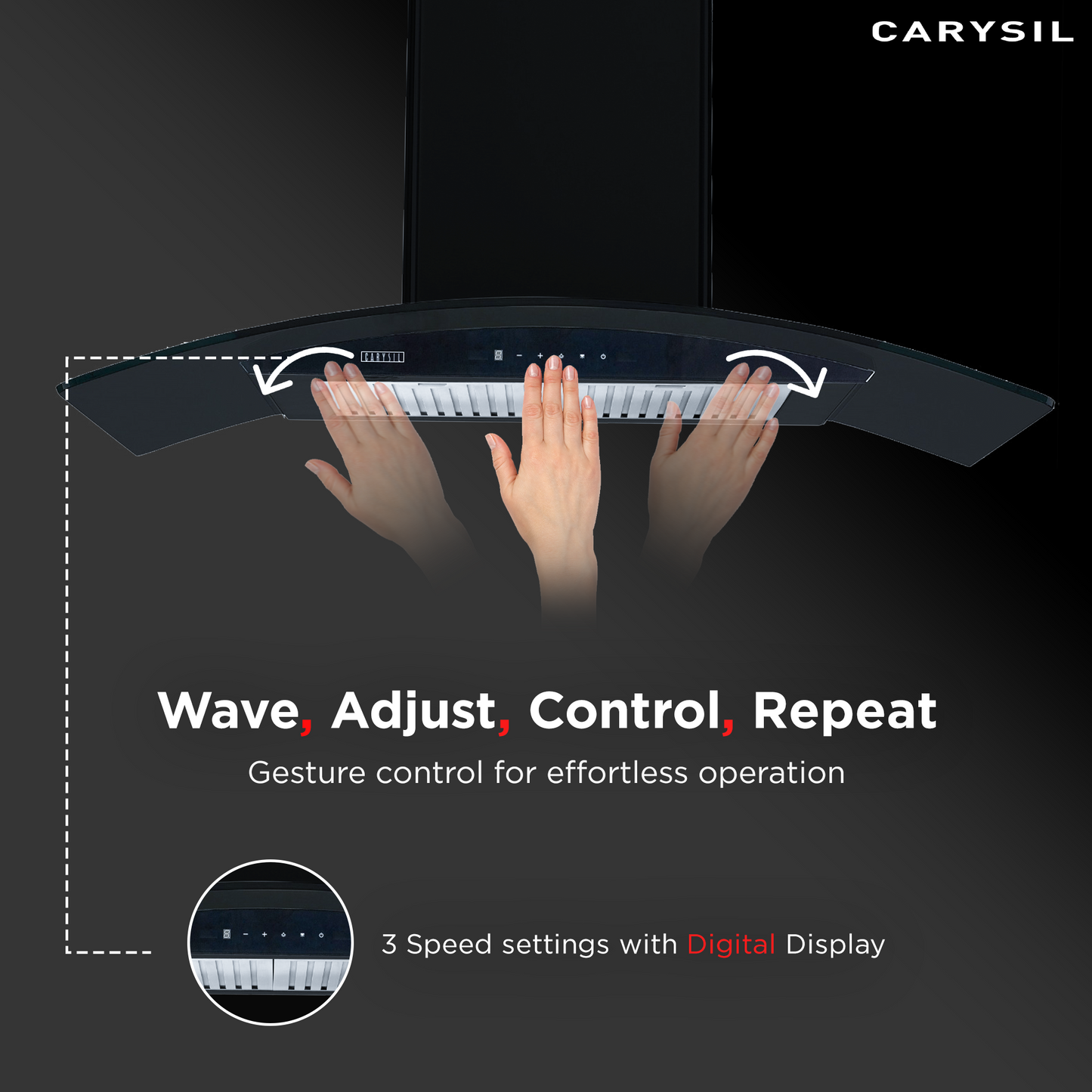 Carysil Rome 90 cm Kitchen Chimney, Curved Shape, 1250 m³/hr Suction Capacity, Baffle Filter, BLDC Silent Motor, A-Energy Class, 9-Speed Touch Control, LED Lamp, Lifetime Warranty