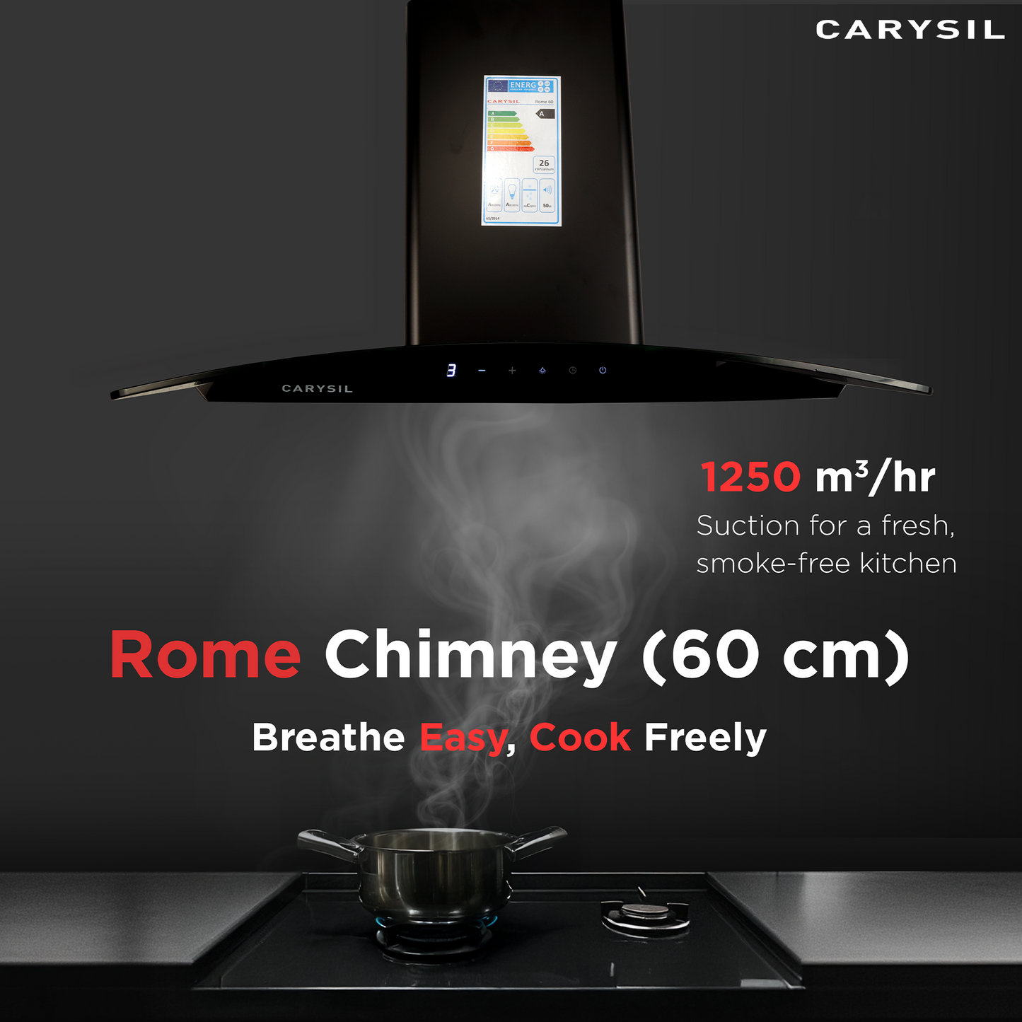 Carysil Rome 60 cm Kitchen Chimney, Curved Shape, 1100 m³/hr Suction Capacity, Filterless, BLDC Silent Motor, A-Energy Class, 3-Speed Touch Control, LED Lamp, Lifetime Warranty
