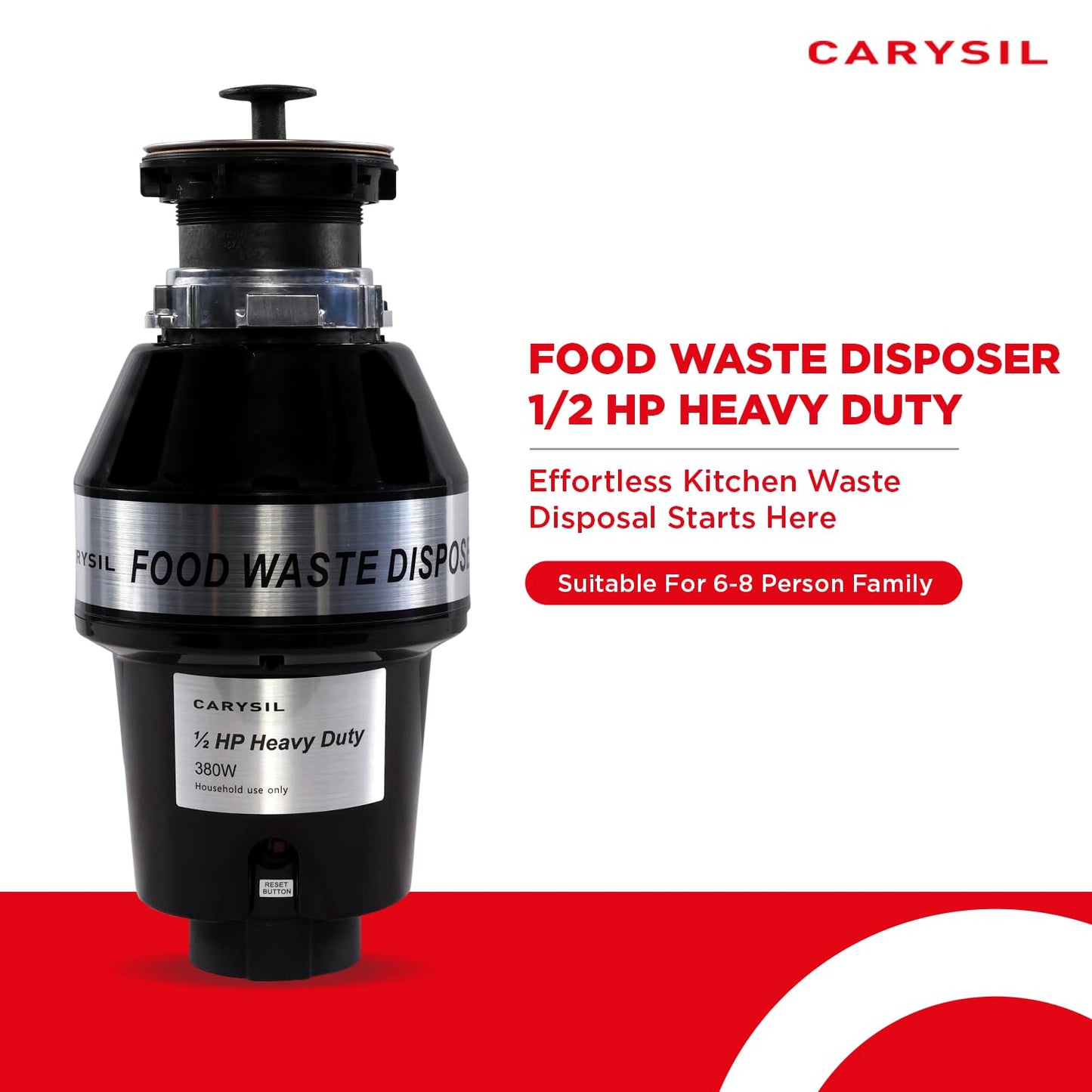 Carysil Food Waste Disposer for Home Sink, 1/2 HP Heavy Duty, Ideal for 5-7 Person Family, Powerful 2500 RPM DC Motor with Low Noise, Corrosion-Proof & Stainless Steel Grinding Components, Fits Under The Kitchen Sink, Black