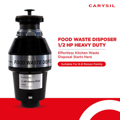 Carysil Food Waste Disposer for Home Sink, 1/2 HP Heavy Duty, Ideal for 5-7 Person Family, Powerful 2500 RPM DC Motor with Low Noise, Corrosion-Proof & Stainless Steel Grinding Components, Fits Under The Kitchen Sink, Black