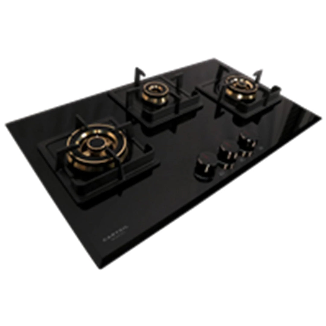 Carysil Tek Plus 75cm Built-in Hob, 3 Brass Burner, Square Cast Iron Pan Support, Flame Failure Device, Battery Ignition, Designer Metal Knob, 8mm Black Tempered Glass, Stainless Steel