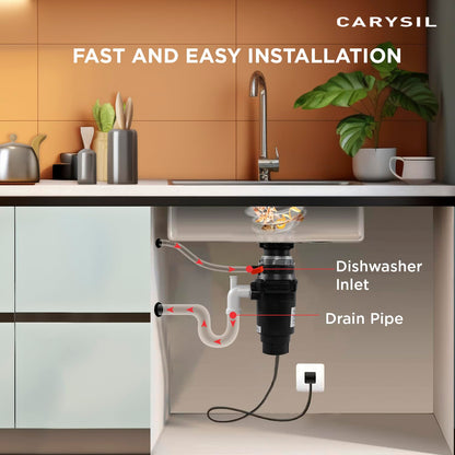 Carysil Food Waste Disposer for Home Sink, 1/2 HP Heavy Duty, Ideal for 5-7 Person Family, Powerful 2500 RPM DC Motor with Low Noise, Corrosion-Proof & Stainless Steel Grinding Components, Fits Under The Kitchen Sink, Black