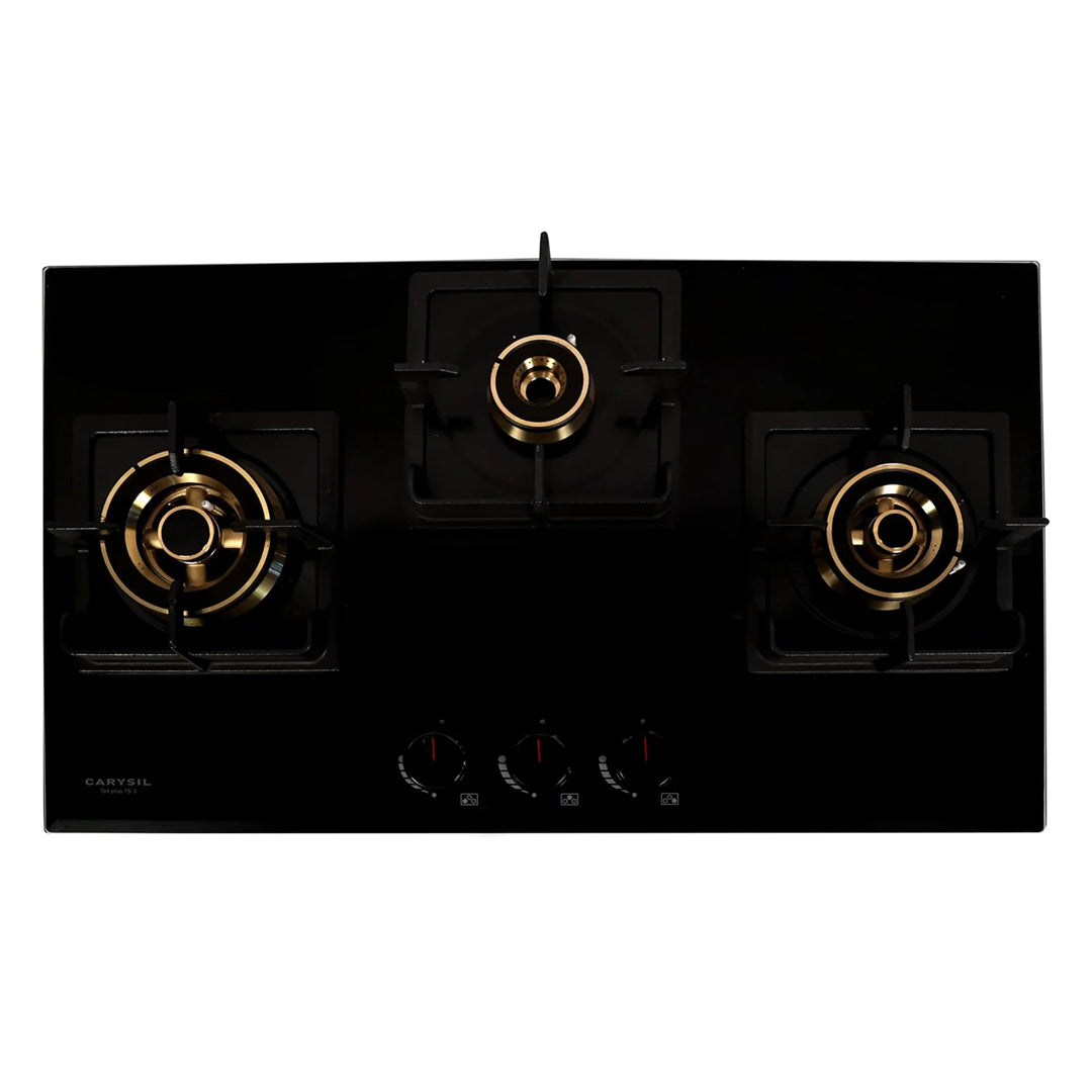 Carysil Tek Plus 75cm Built-in Hob, 3 Brass Burner, Square Cast Iron Pan Support, Flame Failure Device, Battery Ignition, Designer Metal Knob, 8mm Black Tempered Glass, Stainless Steel
