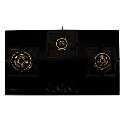 Carysil Tek Plus 75cm Built-in Hob, 3 Brass Burner, Square Cast Iron Pan Support, Flame Failure Device, Battery Ignition, Designer Metal Knob, 8mm Black Tempered Glass, Stainless Steel