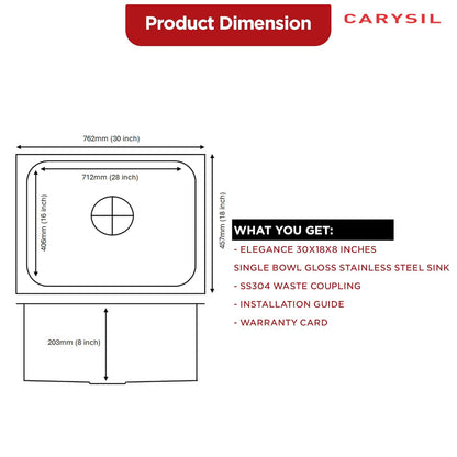 Carysil Elegance Series Single Bowl Kitchen Sink, Stainless Steel Kitchen Sink, 304 Stainless Steel Coupling, Noise Reduction Design, Deep Bowl with Sloping Drain, 30x18x8 inches, Glossy Finish