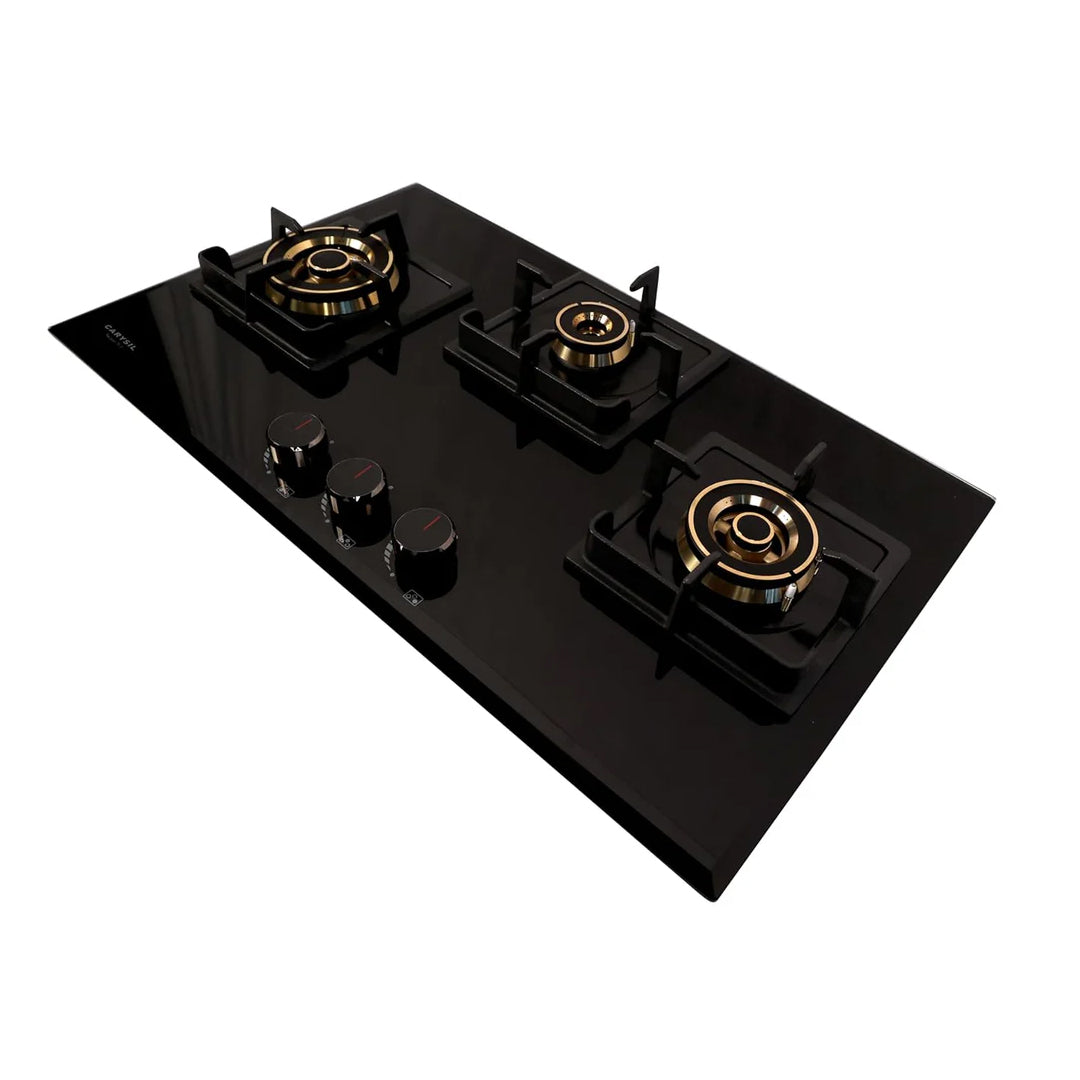 Carysil Tek Plus 75cm Built-in Hob, 3 Brass Burner, Square Cast Iron Pan Support, Flame Failure Device, Battery Ignition, Designer Metal Knob, 8mm Black Tempered Glass, Stainless Steel