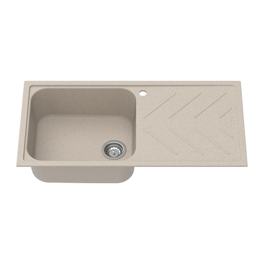 Carysil Quartz New Beethoven D 100L Kitchen Sink with Drainboard, Real Stone Finish, 304 Stainless Steel Coupling, Kitchen Sink with Sloping Drain, Noise Reduction Design, 40x20x8 inches, Sand