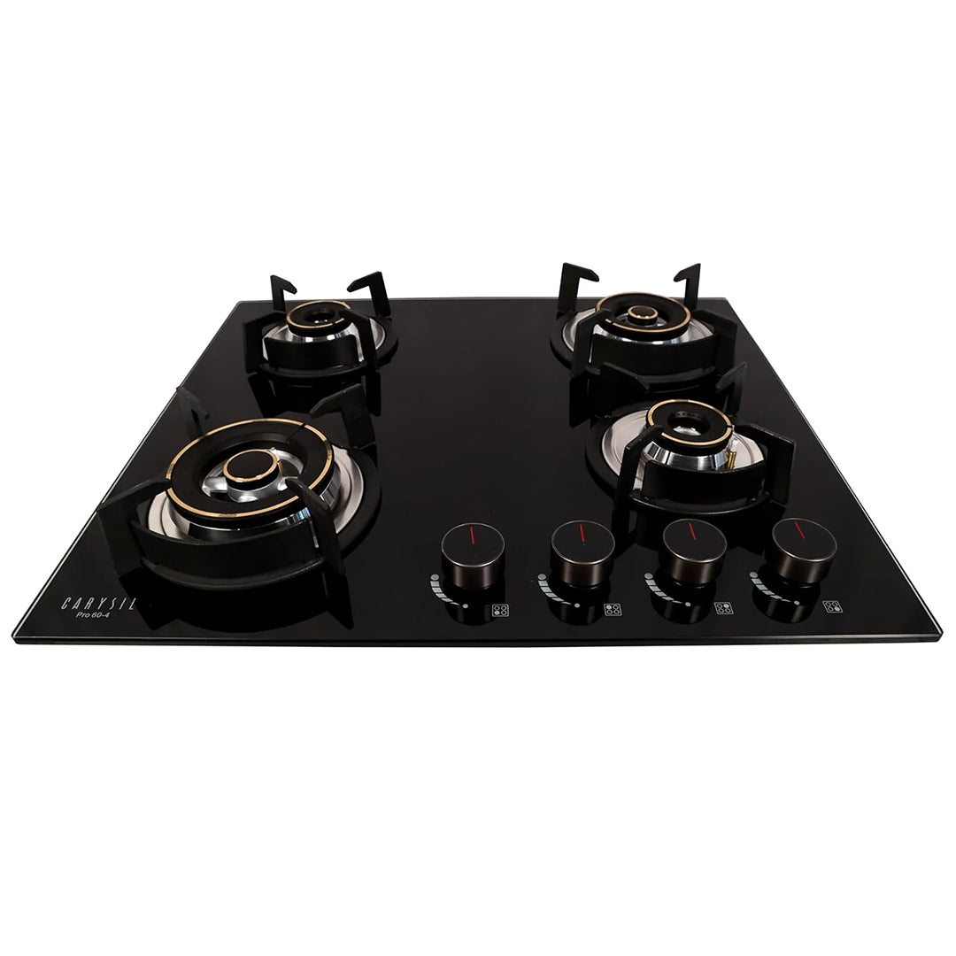 Carysil Pro 60cm Built-in Glass Hob, 4 Brass Burner, Round Pan Support with Heat Protector, Battery Ignition, Metal Knob, 8mm Black Tempered Glass, Stainless Steel