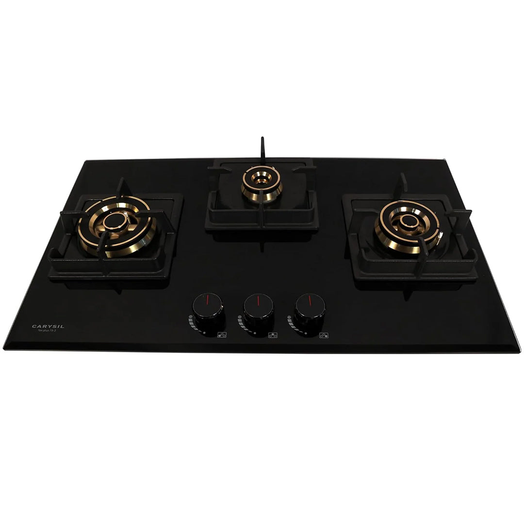 Carysil Tek Plus 75cm Built-in Hob, 3 Brass Burner, Square Cast Iron Pan Support, Flame Failure Device, Battery Ignition, Designer Metal Knob, 8mm Black Tempered Glass, Stainless Steel