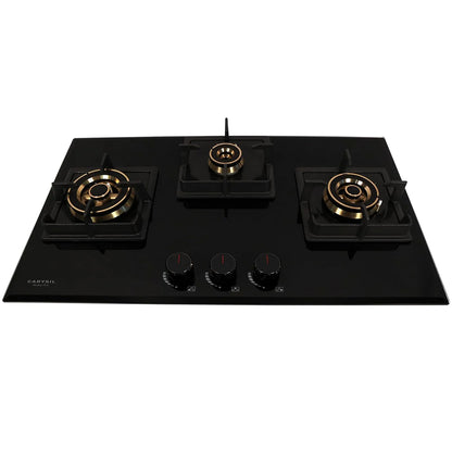 Carysil Tek Plus 75cm Built-in Hob, 3 Brass Burner, Square Cast Iron Pan Support, Flame Failure Device, Battery Ignition, Designer Metal Knob, 8mm Black Tempered Glass, Stainless Steel