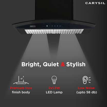Carysil Rome 60 cm Kitchen Chimney, Curved Shape, 1250 m³/hr Suction Capacity, Baffle Filter, BLDC Silent Motor, A-Energy Class, 9-Speed Touch Control, LED Lamp, Lifetime Warranty