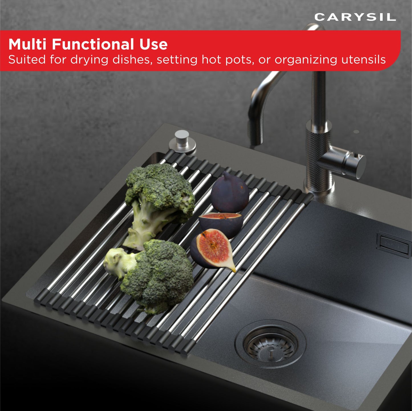 Carysil Fold Mat Roll Up Dish Drying Rack for Kitchen Sink, Multipurpose Stainless Steel Drainer, Heat Resistant, Anti-Slip, Anti-Rust, Space-Saving Drying Foldable Mat, 37.8x2.6x1.4 cm