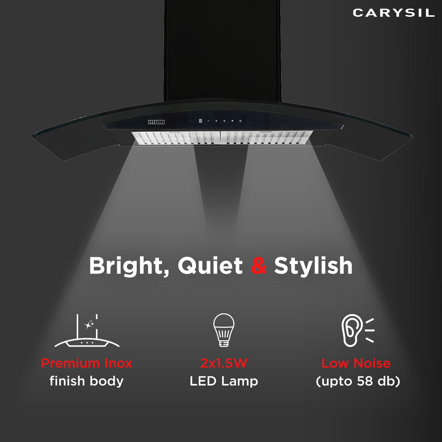 Carysil Rome 90 cm Kitchen Chimney, Curved Shape, 1250 m³/hr Suction Capacity, Baffle Filter, BLDC Silent Motor, A-Energy Class, 9-Speed Touch Control, LED Lamp, Lifetime Warranty