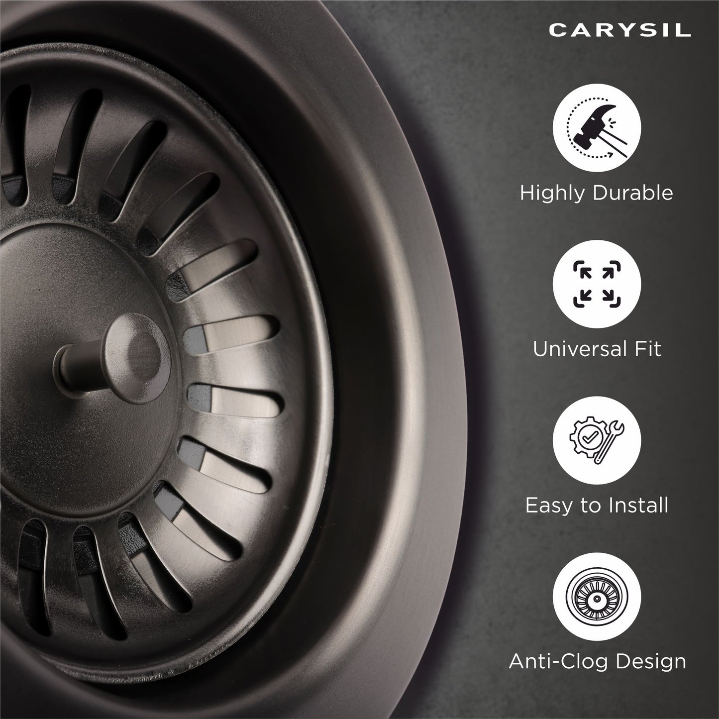 Carysil Round Waste Coupling for Kitchen Sink, Premium 304-grade Stainless Steel Coupling, Removable Waste Strainer for Kitchen Sink, Rust-Free, Corrosion-Resistant, Matt Black PVD Finish