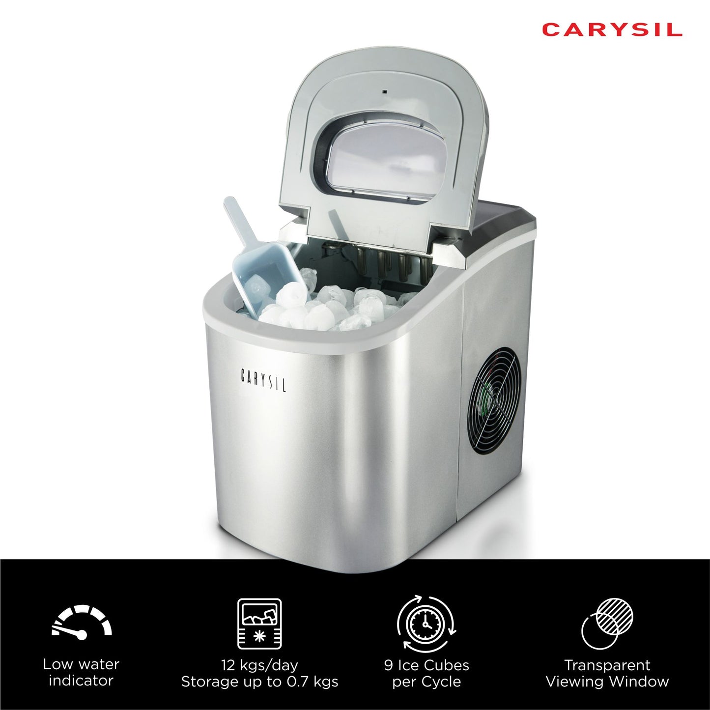 Carysil Joy Portable Compact Countertop Ice Maker, Makes 9 Ice Cubes Per Cycle, 12kg/24h Quick Ice Production, SS Finish with Ice Scoop, User-Friendly Control Panel for Home, Office & Outdoor Use
