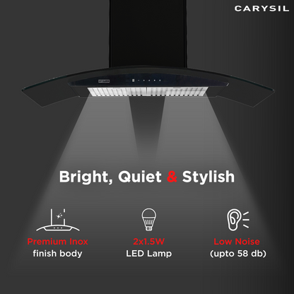 Carysil Rome 75 cm Kitchen Chimney, Curved Shape, 1250 m³/hr Suction Capacity, Baffle Filter, BLDC Silent Motor, A-Energy Class, 9-Speed Touch Control, LED Lamp, 12-year Motor Warranty