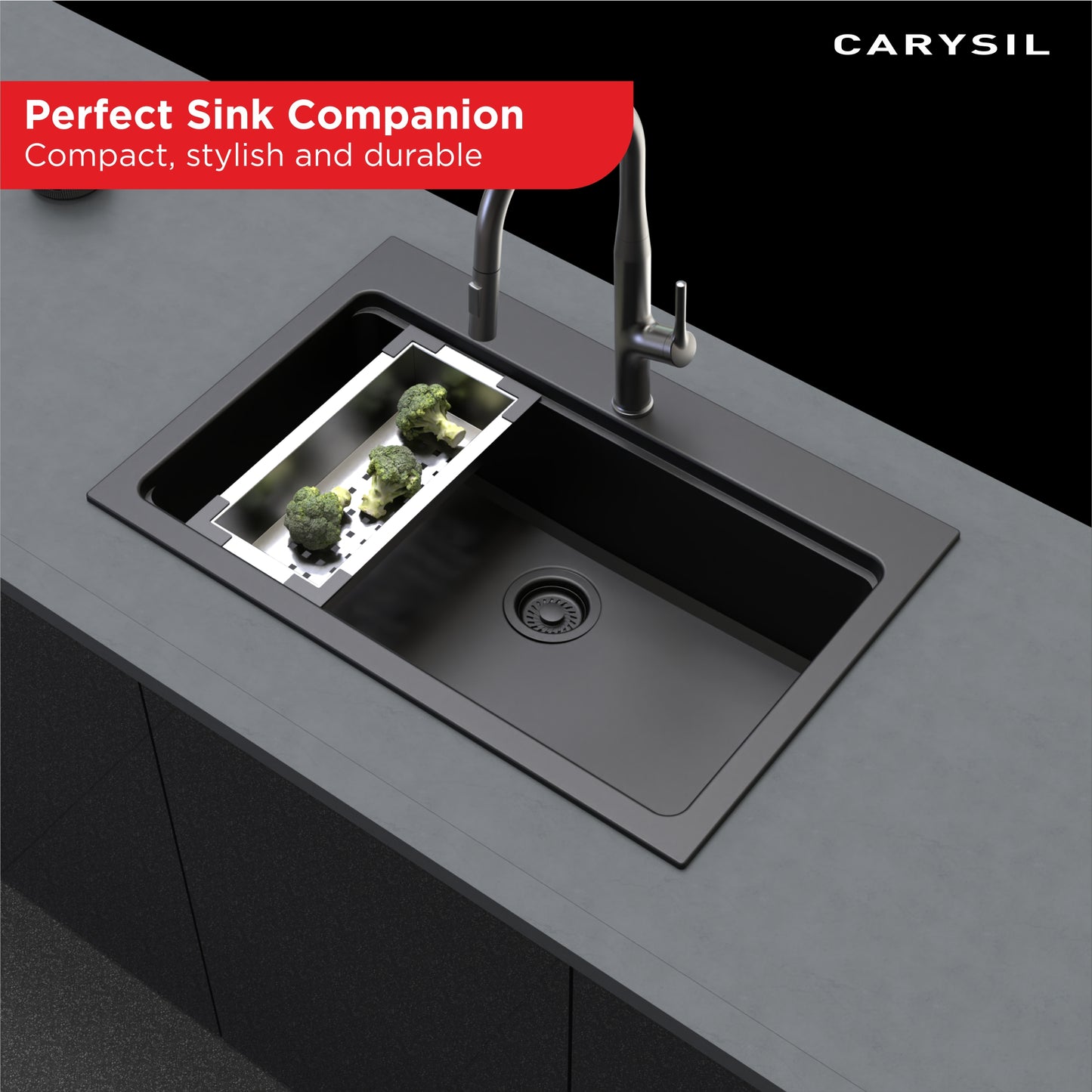 Carysil Stainless Steel Vegetable Colander for Kitchen Sink, Modern Kitchen Strainer, Rust Resistant, Compact, Easy Draining & Washing for Fruits, Vegetables, Pasta, 38.4x18x7.5 cm