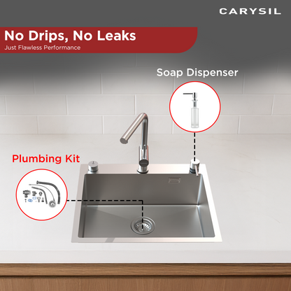 Carysil All-in-one Workstation Sink, 304 Stainless Steel Kitchen Sink with Pull-out Faucet, Soap Dispenser, Chopping Board, Flexible Basket, Colander, 22x20x8 inches, Chrome