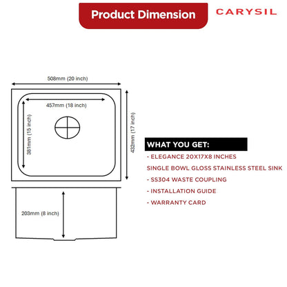 Carysil Elegance Series Single Bowl Kitchen Sink, Stainless Steel Kitchen Sink, 304 Stainless Steel Coupling, Noise Reduction Design, Deep Bowl with Sloping Drain, 20x17x8 inches, Glossy Finish