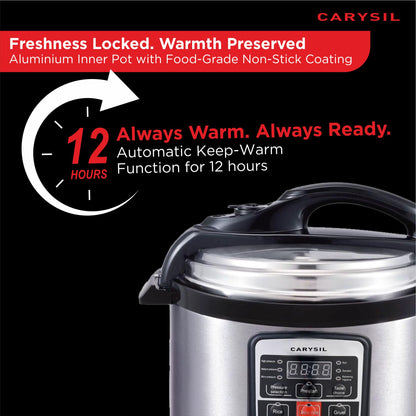 Carysil 11-in-1 Automatic Electric Pressure Cooker 6 L, 1 Year Warranty with 13 Indian Preset Menu, Instant Electric Cooker Pot, Multipurpose Rice Cooker (Stainless Steel)