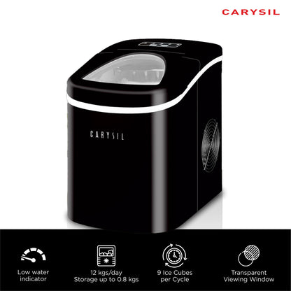 Carysil Sparkle Portable Compact Countertop Ice Maker, Makes 9 Ice Cubes Per Cycle, 12kg/24h Quick Ice Production, SS Finish with Ice Scoop, User-Friendly Control Panel for Home, Office & Outdoor Use