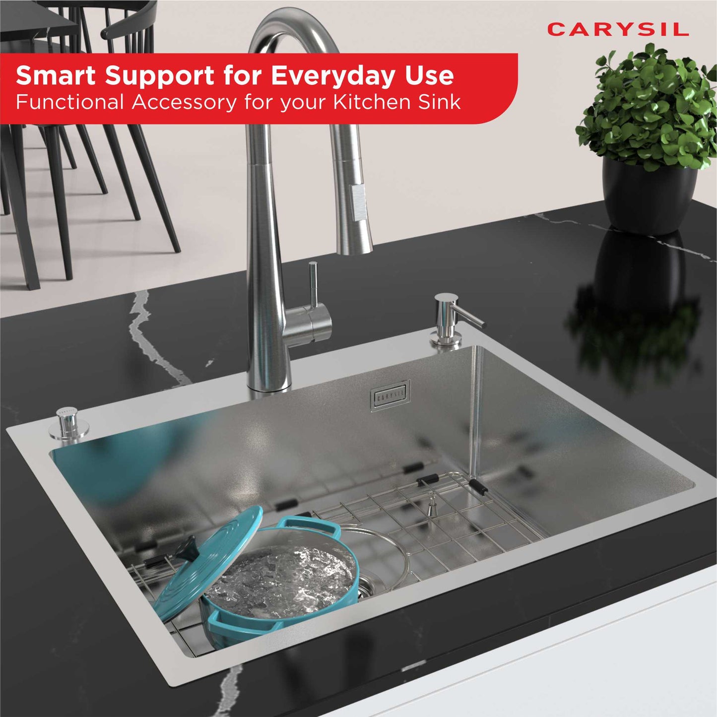 Carysil Wire Grid for Kitchen Sink, 304-Grade Stainless Steel, Metal Dish Drying Rack, Self Draining, Prevents Sliding, Kitchen Sink Accessories, 54.7x35.5x2.96 cm