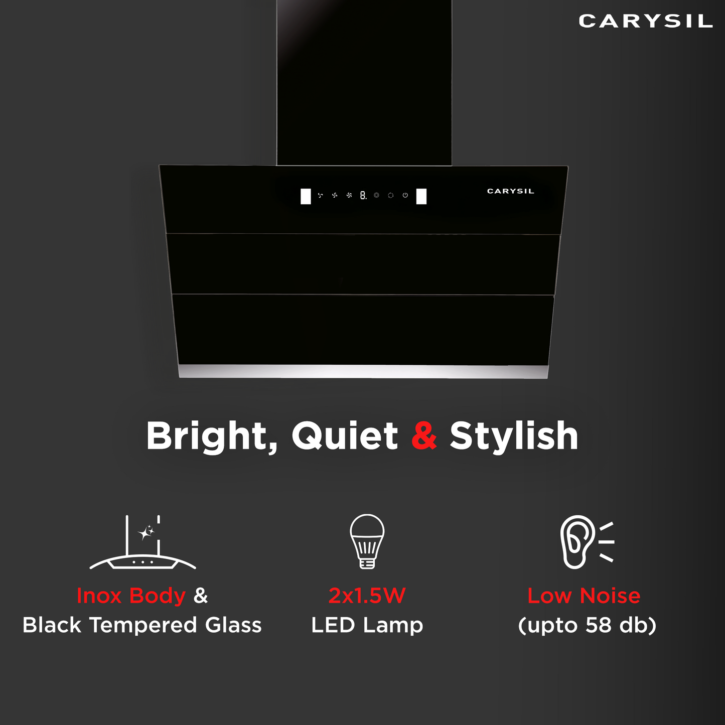 Carysil Ciaz 75 Kitchen Chimney, 1350 m³/hr Suction Capacity, Filterless, 3-speed Motion Sensor Technology, Heat Auto Clean, Inox Body & Tempered Finish, LED Lamp, 7-year Motor Warranty (Copy)