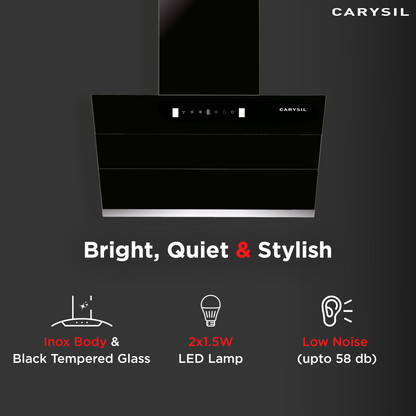 Carysil Ciaz 75 Kitchen Chimney, 1350 m³/hr Suction Capacity, Filterless, 3-speed Motion Sensor Technology, Heat Auto Clean, Inox Body & Tempered Finish, LED Lamp, 7-year Motor Warranty (Copy)