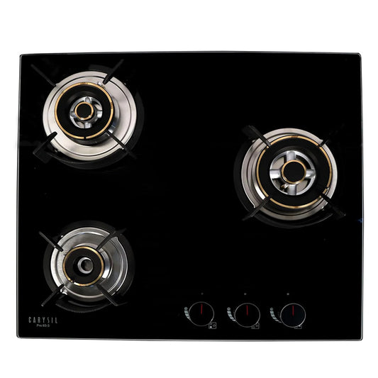 Carysil Pro 75cm Built-in Glass Hob, 3 Brass Burners, Round Cast Iron Pan Support, Battery Ignition, Metal Knob, 8mm Black Tempered Glass, Stainless Steel