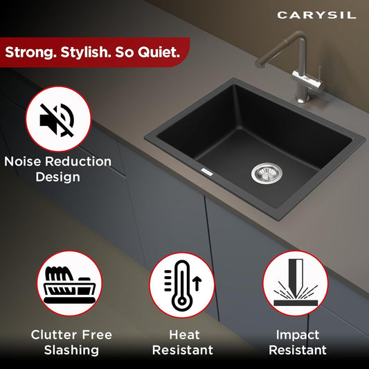 Carysil Big Bowl Plus Nera Quartz Kitchen Sink, 24x18x8 inches, Single Bowl Noise Reduction Quartz Sink, Heat, Scratch & Stain Resistant, Sloping Drains, 304 SS Coupling
