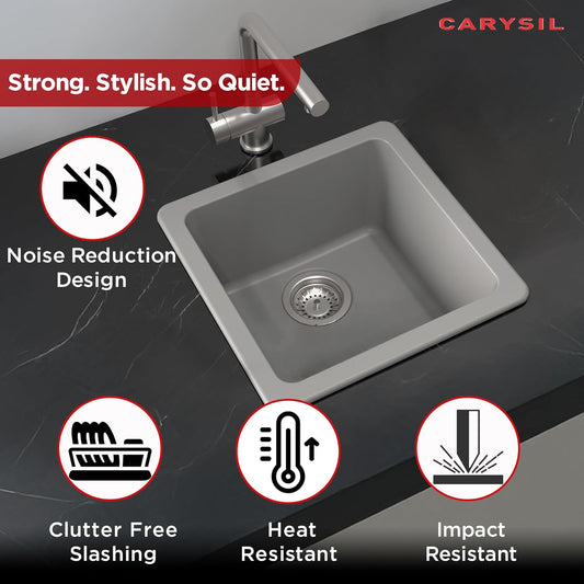 Carysil Neo Salsa Edge Basalt Grey Quartz Kitchen Sink, 16x16x8 inches, Single Bowl Noise Reduction Quartz Sink, Heat, Scratch & Stain Resistant, Sloping Drains, 304 SS Coupling
