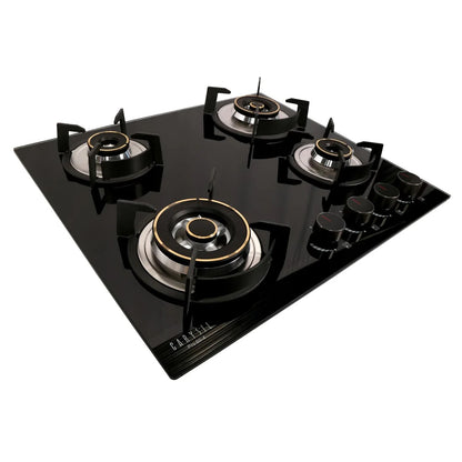 Carysil Pro 60cm Built-in Glass Hob, 4 Brass Burner, Round Pan Support with Heat Protector, Battery Ignition, Metal Knob, 8mm Black Tempered Glass, Stainless Steel