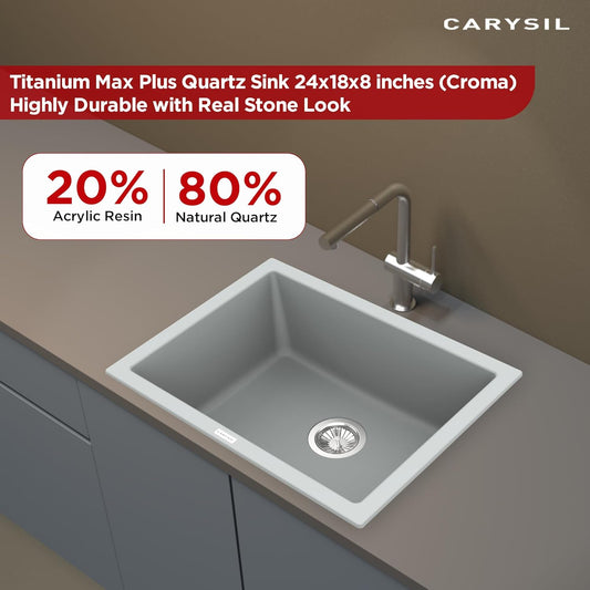 Carysil Quartz Titanium Max Plus Series Single Bowl Kitchen Sink, Real Stone Finish, 304 Stainless Steel Coupling, Kitchen Sink with Sloping Drain, Noise Reduction Design, 24x18x8 inches, Croma