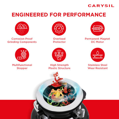 Carysil Food Waste Disposer for Home Sink, 1/2 HP Heavy Duty, Ideal for 5-7 Person Family, Powerful 2500 RPM DC Motor with Low Noise, Corrosion-Proof & Stainless Steel Grinding Components, Fits Under The Kitchen Sink, Black