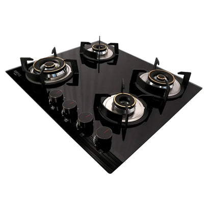 Carysil Pro 60cm Built-in Glass Hob, 4 Brass Burner, Round Pan Support with Heat Protector, Battery Ignition, Metal Knob, 8mm Black Tempered Glass, Stainless Steel