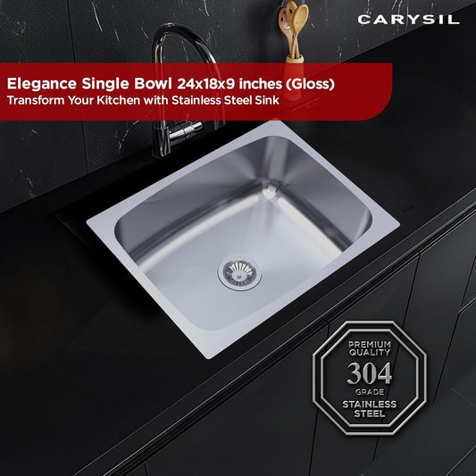 Carysil Elegance Series Single Bowl Kitchen Sink, Stainless Steel Kitchen Sink, 304 Stainless Steel Coupling, Noise Reduction Design, Deep Bowl with Sloping Drain, 24x18x9 inches, Glossy Finish