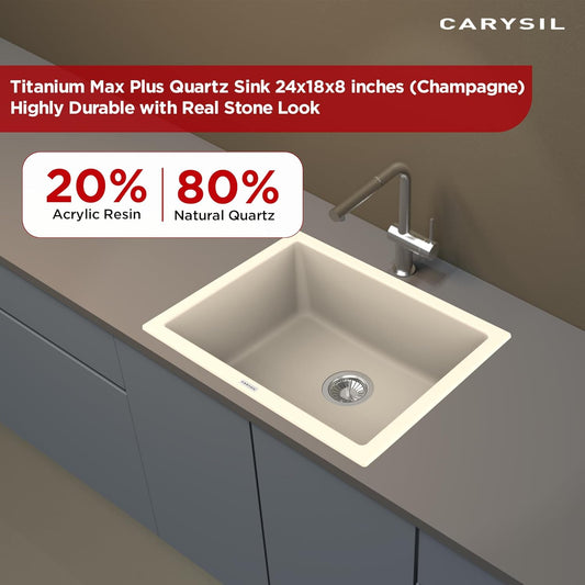 Carysil Quartz Titanium Max Plus Series Single Bowl Kitchen Sink, Real Stone Finish, 304 Stainless Steel Coupling, Kitchen Sink with Sloping Drain, Noise Reduction Design, 24x18x8 inches, Champagne