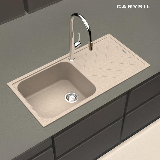 Carysil New Beethoven D 100L Ultra Sand Quartz Kitchen Sink with Drainboard, 40x20x8 inches, Single Bowl Noise Reduction Quartz Sink, Heat, Scratch & Stain Resistant, Sloping Drains, 304 SS Coupling