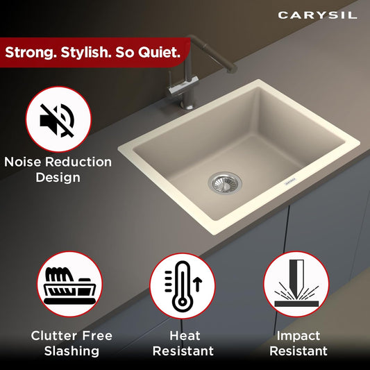 Carysil Big Bowl Plus Champagne Quartz Kitchen Sink, 24x18x8 inches, Single Bowl Noise Reduction Quartz Sink, Heat, Scratch & Stain Resistant, Sloping Drains, 304 SS Coupling