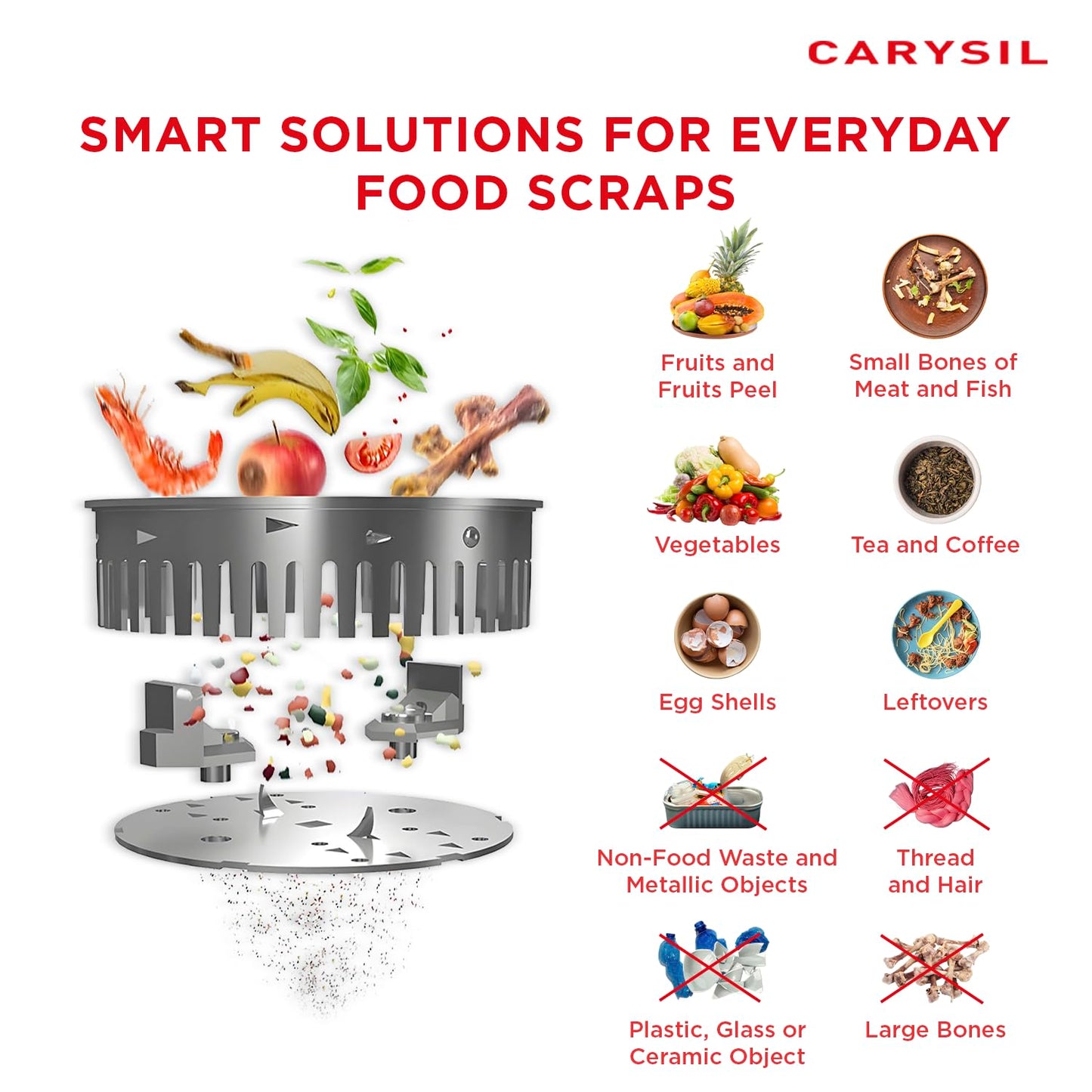 Carysil Food Waste Disposer for Home Sink, 1/2 HP Heavy Duty, Ideal for 5-7 Person Family, Powerful 2500 RPM DC Motor with Low Noise, Corrosion-Proof & Stainless Steel Grinding Components, Fits Under The Kitchen Sink, Black