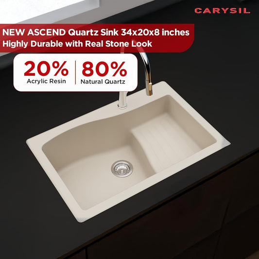 Carysil Quartz New Ascend Single Bowl Kitchen Sink, Real Stone Finish, 304 Stainless Steel Coupling, Kitchen Sink with Sloping Drain, Noise Reduction Design, 34x20x8 inches, Cream