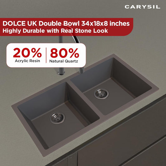 Carysil Quartz Dolce UK Series Double Bowl Kitchen Sink, Real Stone Finish, 304 Stainless Steel Coupling, Kitchen Sink with Sloping Drain, Noise Reduction Design, 34x18x8 inches, Whisper Grey