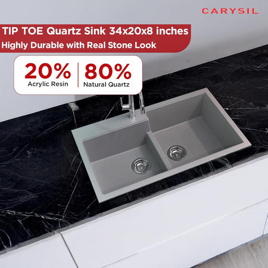 Carysil Quartz Tip Toe N 200 Double Bowl Kitchen Sink, Real Stone Finish, 304 Stainless Steel Coupling, Kitchen Sink with Sloping Drain, Noise Reduction Design, 34x20x8 inches, Basalt Grey